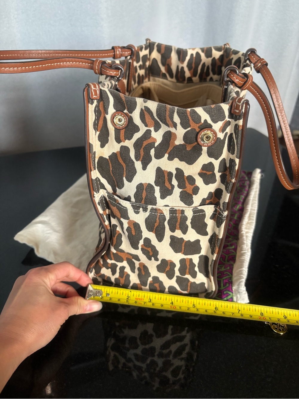 Authentic Tory Burch Ella Leopard Print Leather-Trim canvas Tote - Brown/Cream - Picture 10 of 16